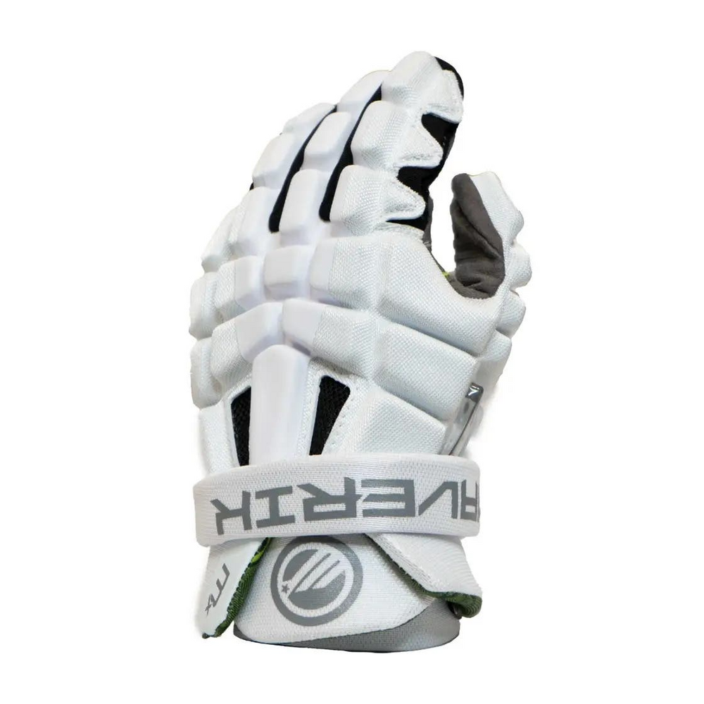 White lacrosse glove with black accents on a white background