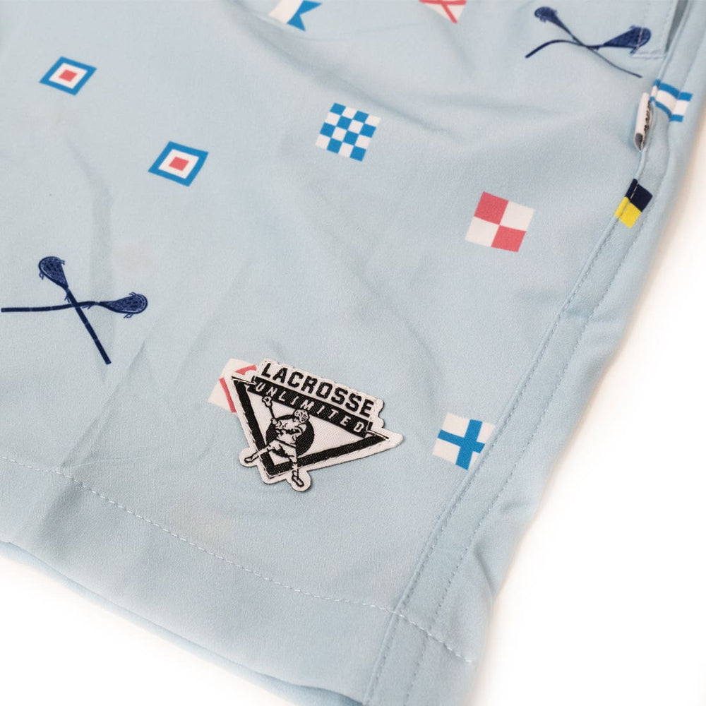 Shipwreck Swim Dodge Shorts front leg zoomed in