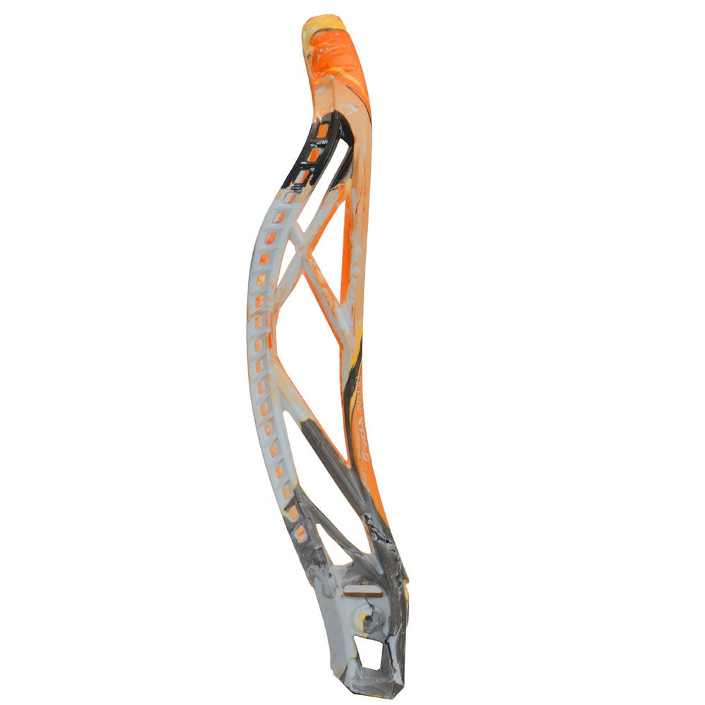 Warrior Burn XP2-O Fire Hydro Dip dyed lacrosse head vertical side view