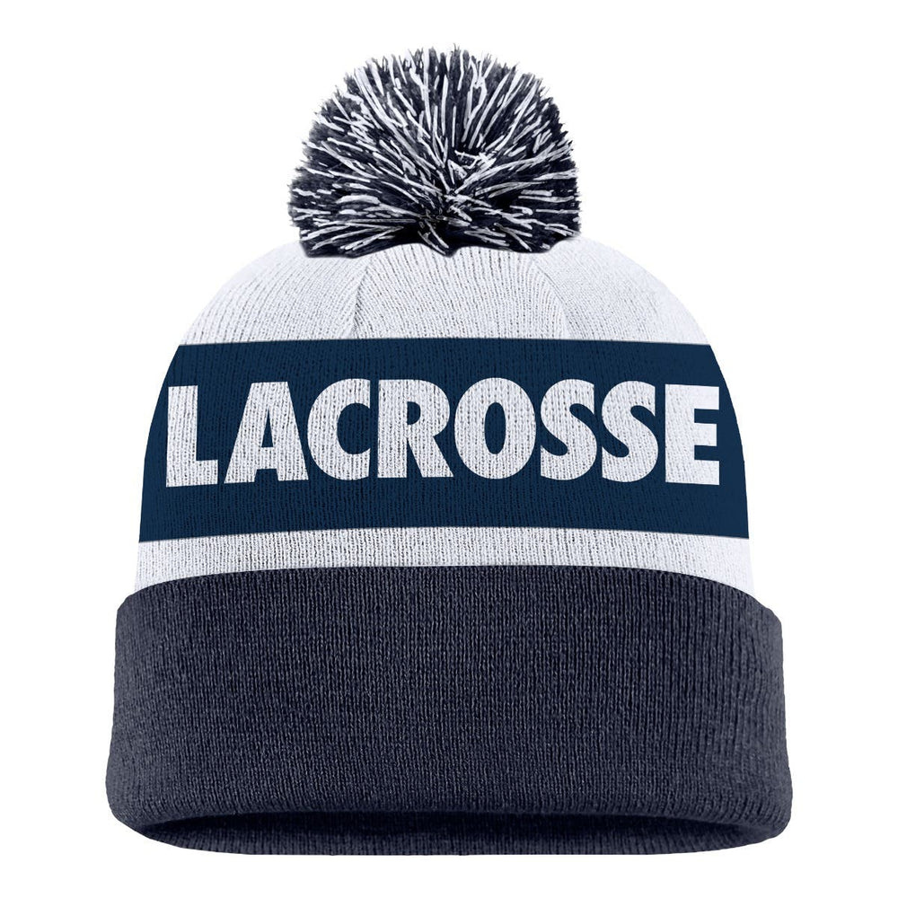 Back view of beanie, cuffed at bottom. "Lacrosse" above the cuff. Pom Pom on top