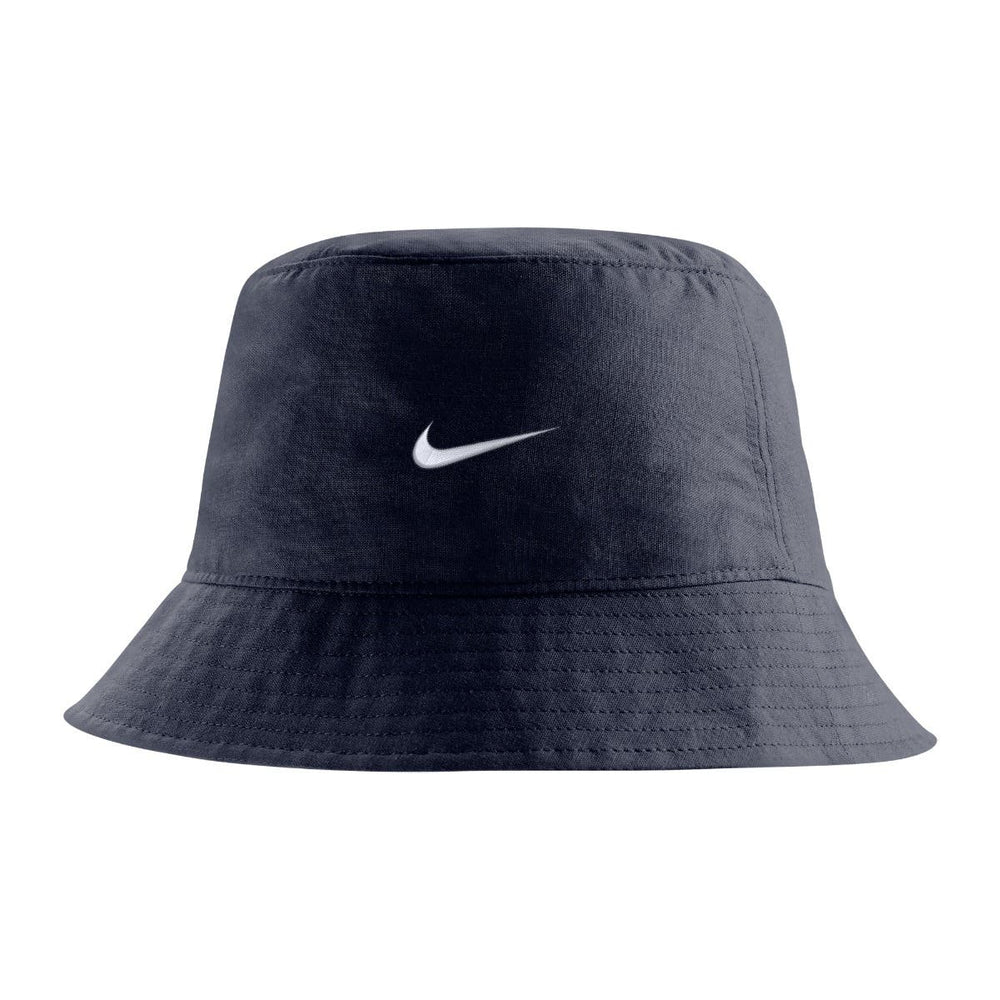 Black bucket hat, trim is 360 degrees.Back view. Says Nike swoosh in embroidery