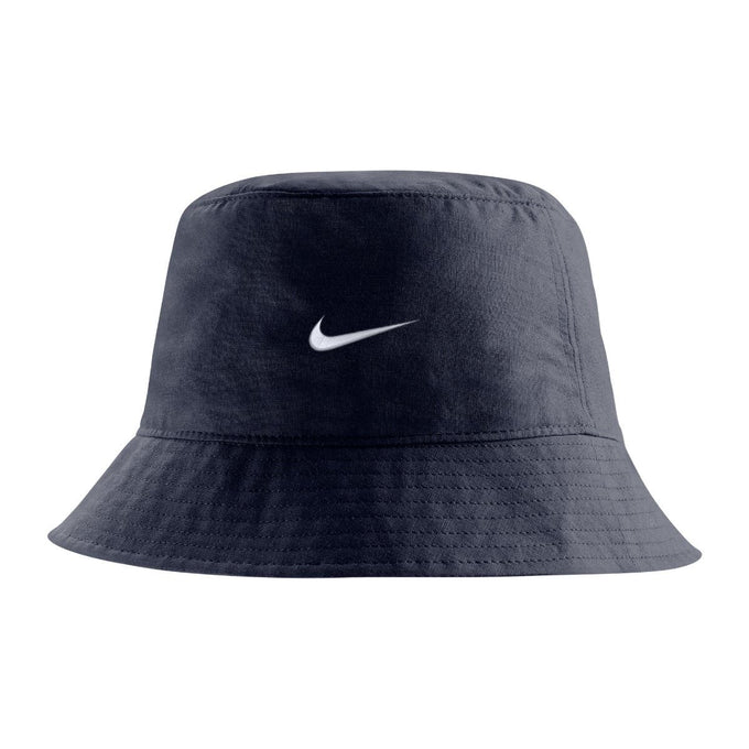 Black bucket hat, trim is 360 degrees.Back view. Says Nike swoosh in embroidery