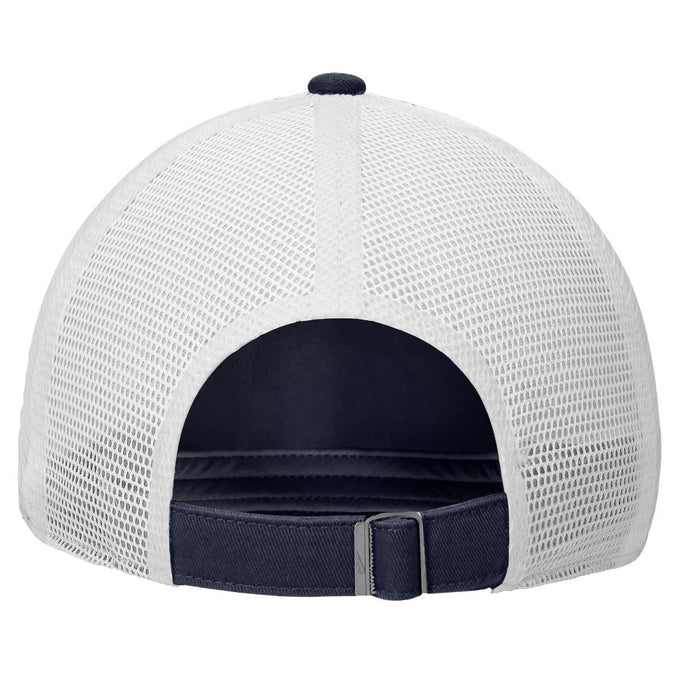 back of hat. mesh back. Metal adjustable strap. 
