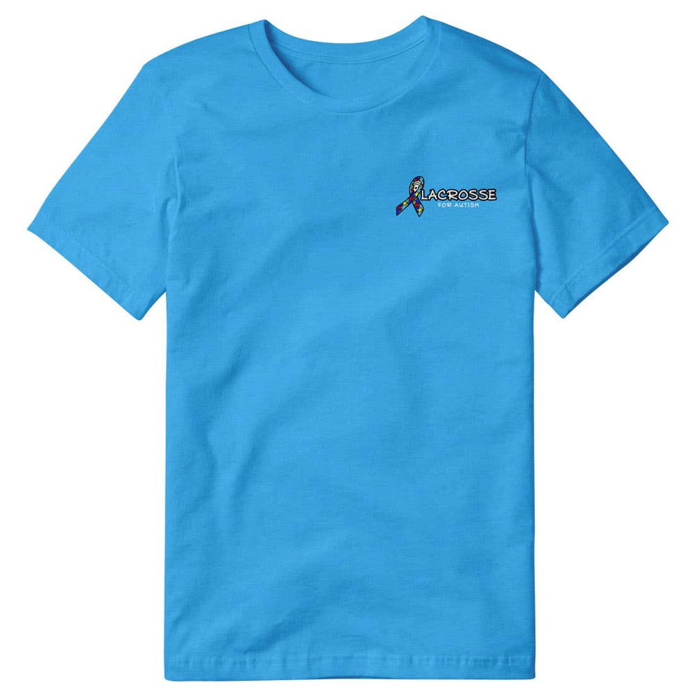 Play for Autism Lacrosse Tee 2024 front view showing autism ribbon on left chest