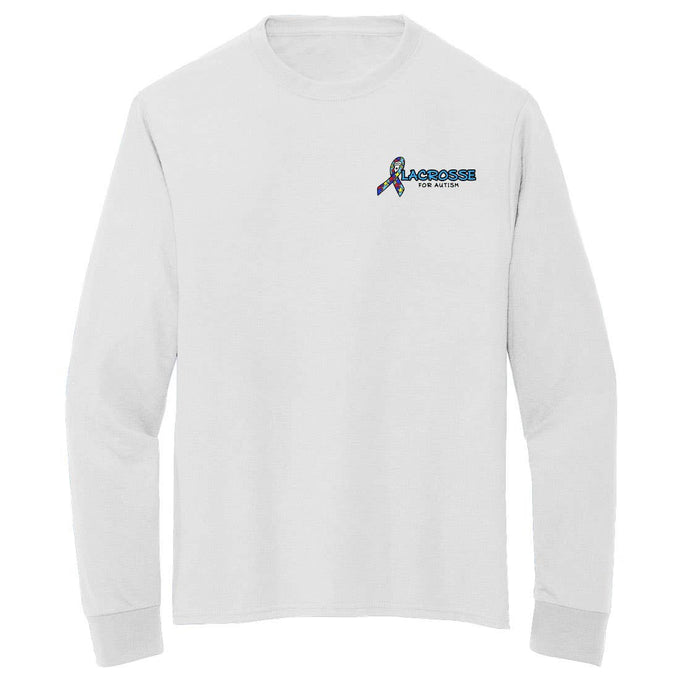 Play for Autism Long Sleeve Lacrosse Tee 2024 front view with Autism ribbon on left chest