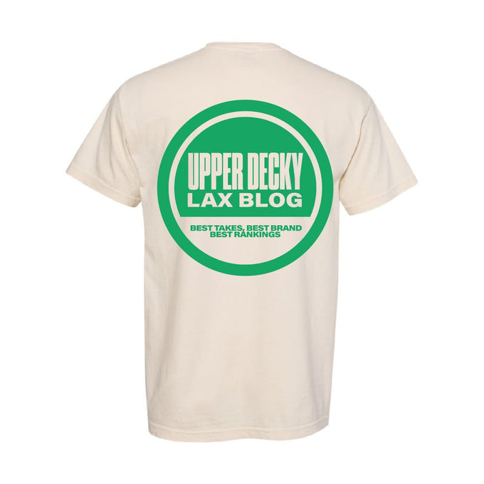 Back of ivory shirt with green circle. inside green shirt says "Upper Decky Lax Blog. Best takes, Best brand, best rankings