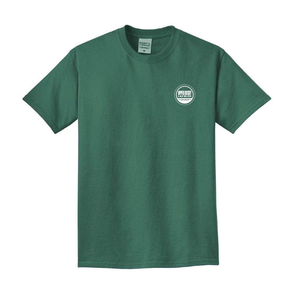 Front of Green shirt that says "Upper Decky lax blog. Fresh Takes served daily"