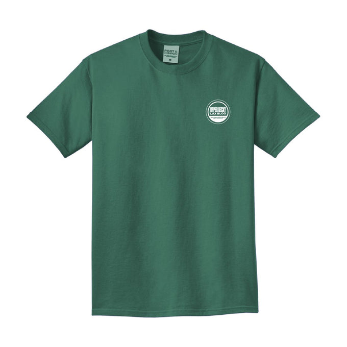 Front of Green shirt that says "Upper Decky lax blog. Fresh Takes served daily"