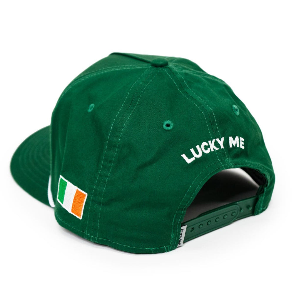Lucky Me Irish lacrosse hat back view with "lucky me" stitching