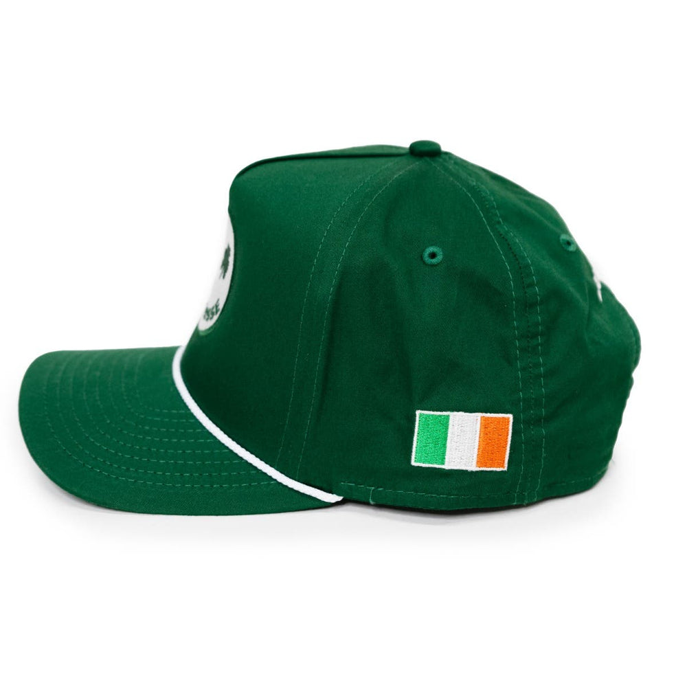 Lucky Me Irish lacrosse hat side view with Ireland flag patch