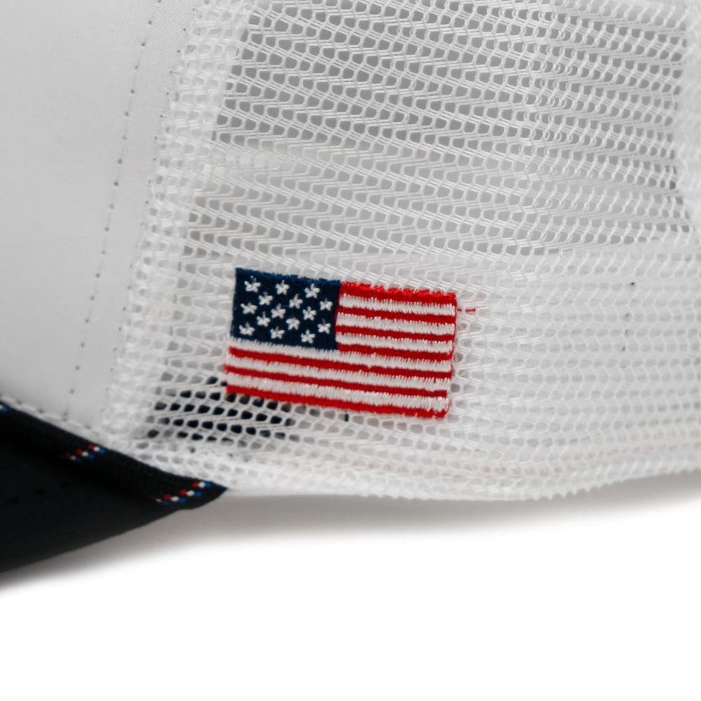 USA Flight Lacrosse Hat side view zoomed in on American Flag sewn decal