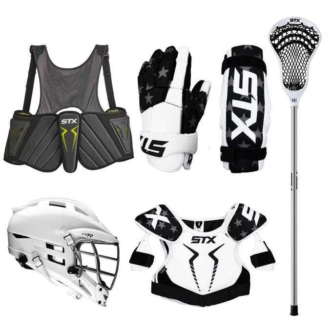 Collection of lacrosse equipment including helmet, chest protector, gloves, and stick on a white background.
