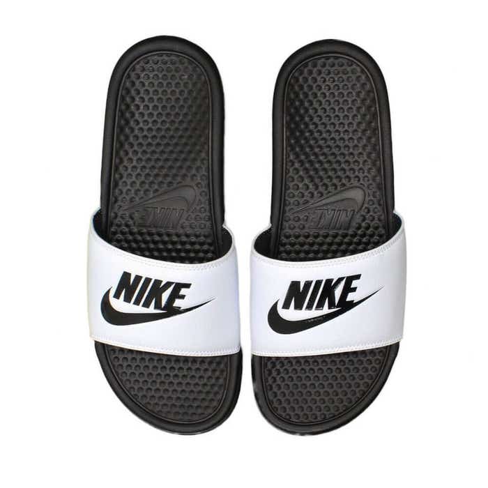White Nike Benassi lacrosse slide