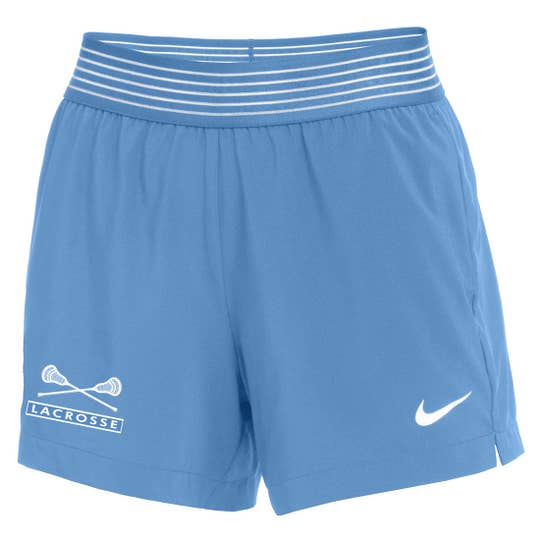 Carolina Blue Nike Lacrosse Shorts, lacrosse sticks on right side above the word "lacrosse"