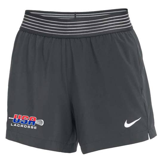 Grey shorts with "USA lacrosse" on right leg sleeve, nike check on left leg sleeve