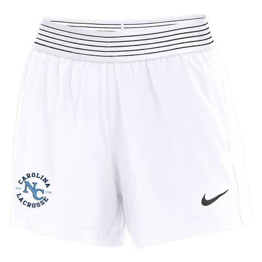 white womens shorts with carolina lacrosse on right leg sleeve, black nike check on left
