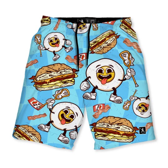 Bacon egg and cheese lacrosse shorts front view