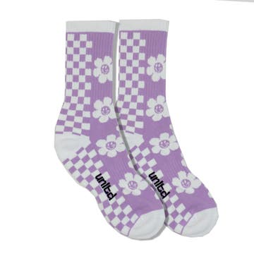 Purple Check Flower Crew Socks