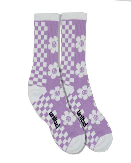 Purple Check Flower Crew Socks