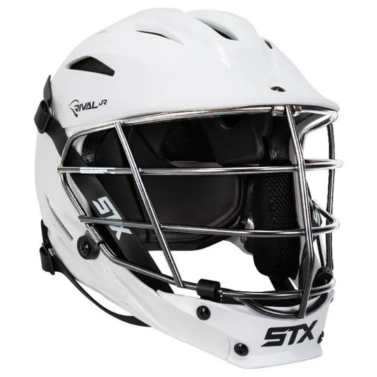 STX Rival JR lacrosse helmet white shell silver mask angled front view