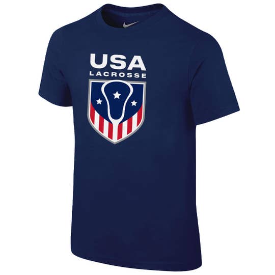 Navy Blue Nike Shirt, saying "USA Lacrosse" with white lacrosse stick and 3 white stars