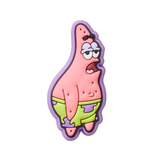 Patrick the Star from Spongebob Squarepants on a shoe charm. Pink starish wearing green and purple bathing suit bottoms