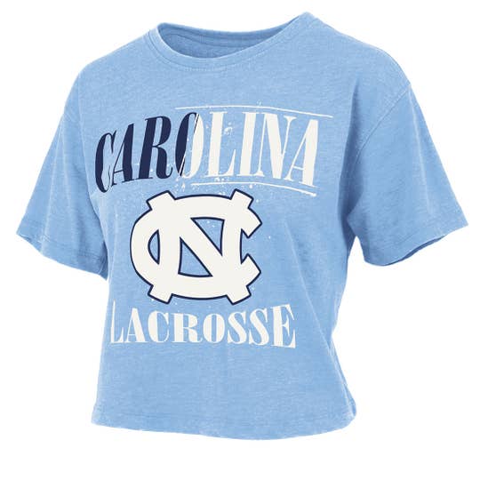 Blue Tshirt frontal view saying Carolina Lacrosse in Navy Blue & White Lettering with paint splattering