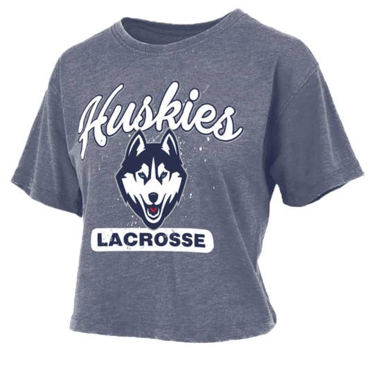 Grey/Blue Shirt saying, "huskies lacrosse" with a wolf in the middle