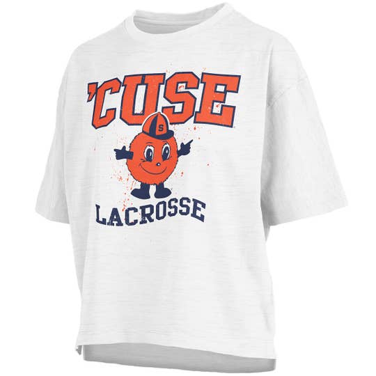 Syracuse cropped box white tee. with "Cuse lacrosse" on frontal view and otto the orange- Syracuse's mascot