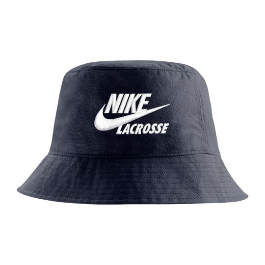 Black bucket hat, trim is 360 degrees. frontal view. Says Nike Lacross in embroidery