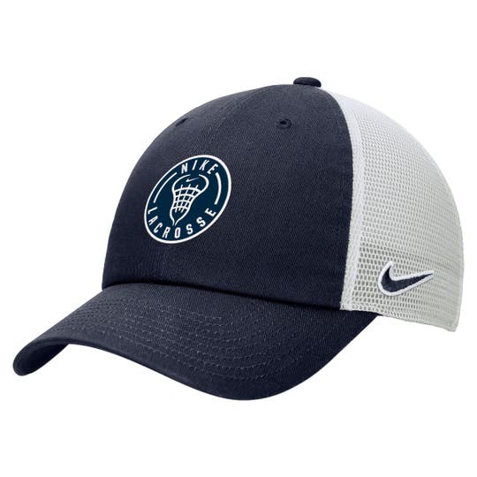 frontal view nike lacrosse hat with mesh back.Circular logo in middle saying nike lacrosse with abstract lacrosse stick