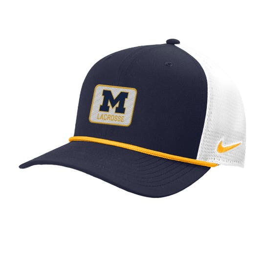 frontal view of hat, yellow rope in seam with M lacrosse embroided
