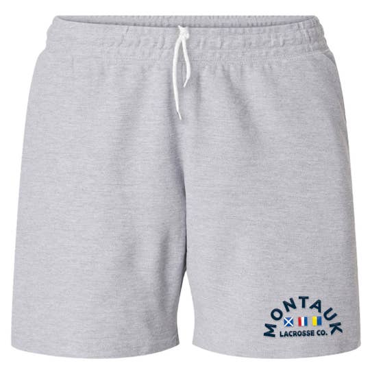 montauk sweatshorts, montauk logo on lower left thigh