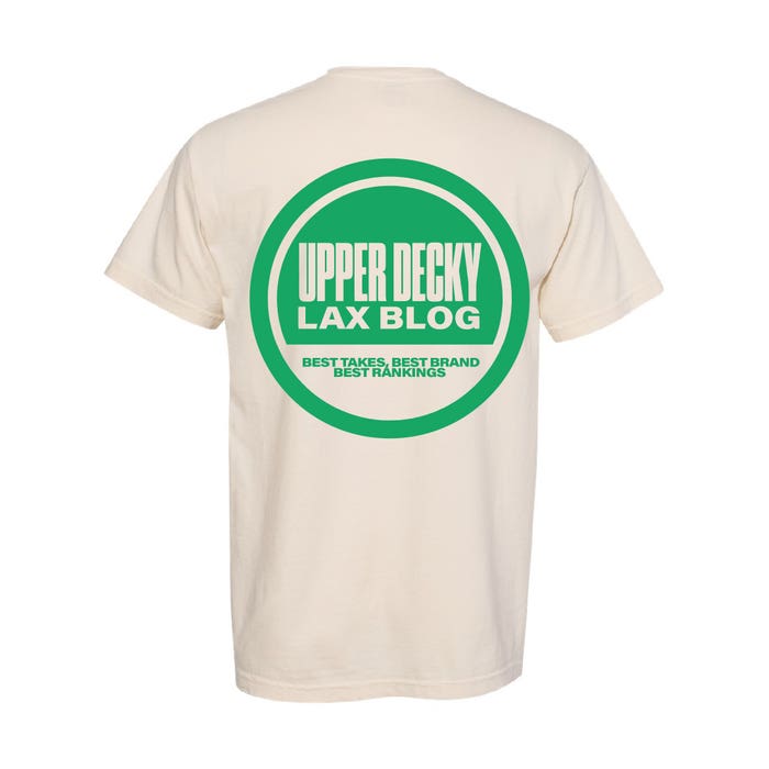 Back of ivory shirt with green circle. inside green shirt says "Upper Decky Lax Blog. Best takes, Best brand, best rankings