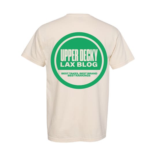 Back of ivory shirt with green circle. inside green shirt says "Upper Decky Lax Blog. Best takes, Best brand, best rankings