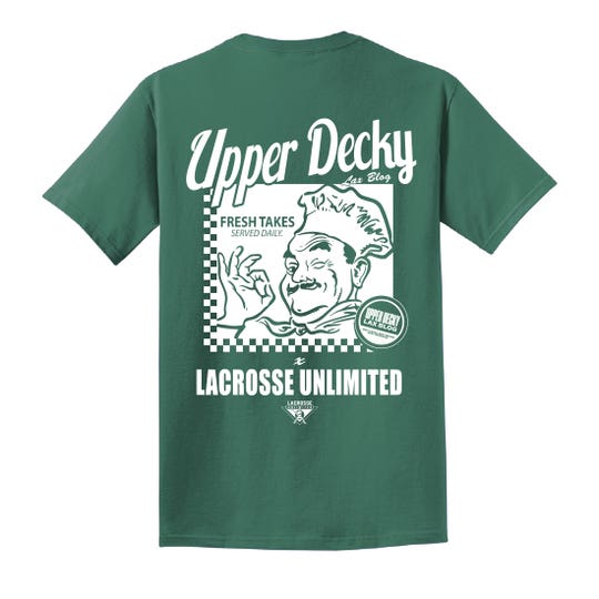 Back of Green shirt that says "Upper Decky lax blog. Fresh Takes served daily"