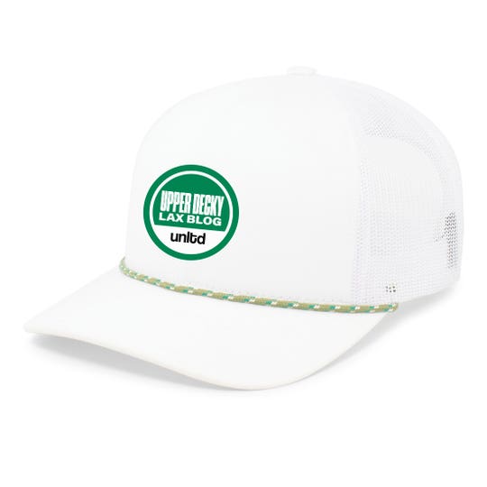 White trucker hat with green circle in center saying "upper decky lax blog" and green rope separating visor and hat