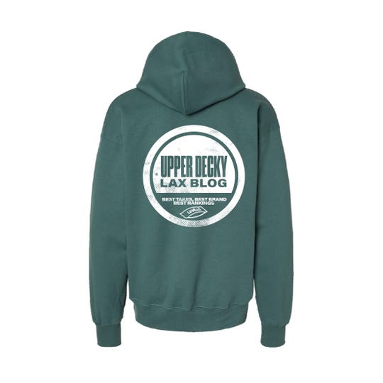 back view of green hoodie with white circle saying "upper decky lax blog- best takes, best brand, best rankings