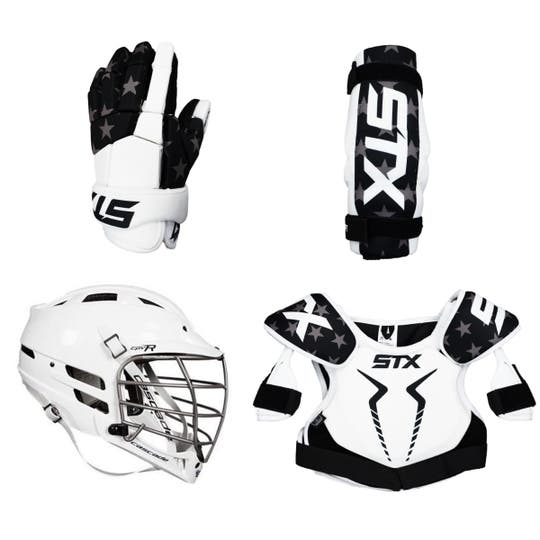 4 piece lacrosse starter set including gloves and helmet and shoulder pads and arm pads