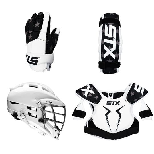 4 Piece lacrosse starter set featuring gloves helmet shoulder pads and arm pads
