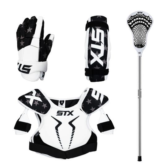4 Piece starter lacrosse set featuring glove stick shoulder pads and arm pads