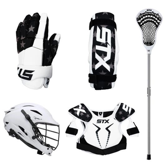 5 piece lacrosse starter set USA limited edition gloves, arm pads, sticks, shoulder pads and Rival Jr helmet