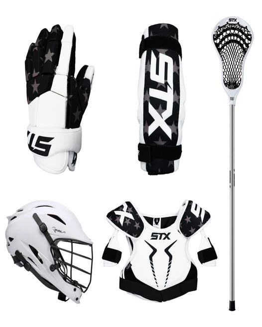 5 piece lacrosse starter set USA limited edition gloves, arm pads, sticks, shoulder pads and Rival Jr helmet