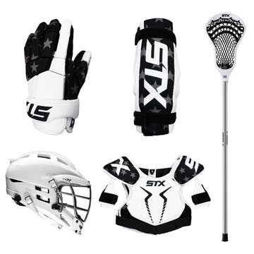 5 piece lacrosse starter set USA limited edition gloves, arm pads, sticks, shoulder pads and CS-R helmet