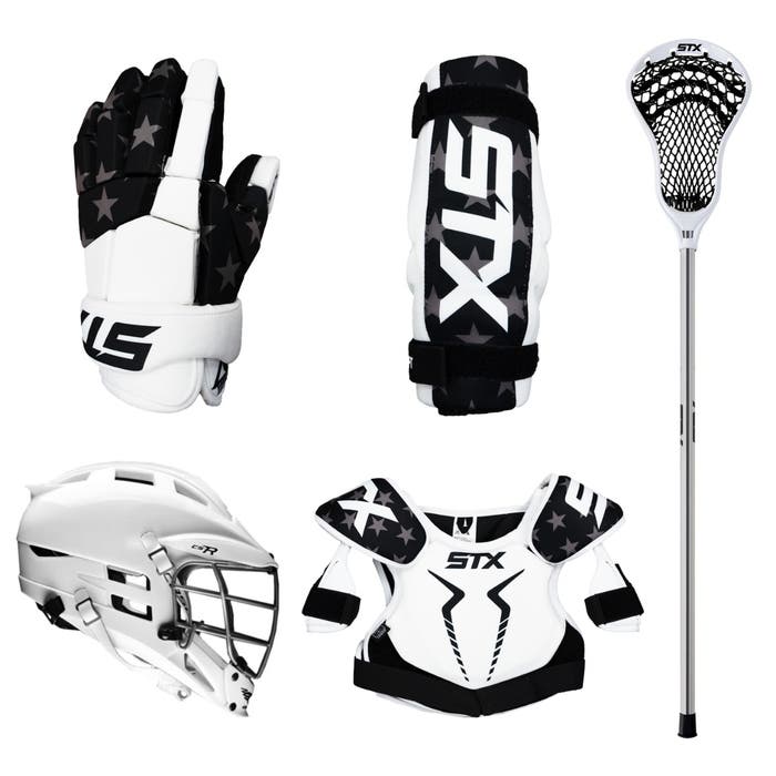 5 piece lacrosse starter set USA limited edition gloves, arm pads, sticks, shoulder pads and CS-R helmet