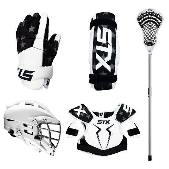 5 piece lacrosse starter set USA limited edition gloves, arm pads, sticks, shoulder pads and CS-R helmet