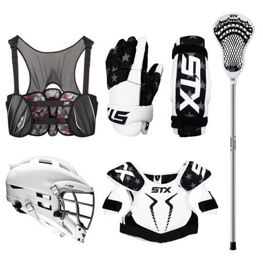 6 Piece lacrosse starter set featuring gloves, arm pads, stick, rib pads, helmet, shoulder pads
