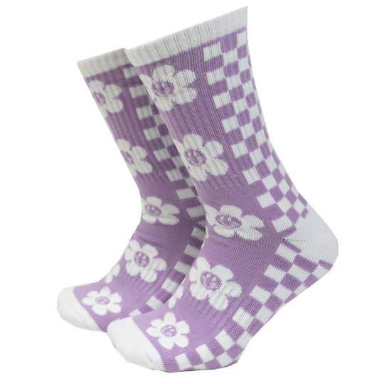 Purple Check Flower Crew Socks