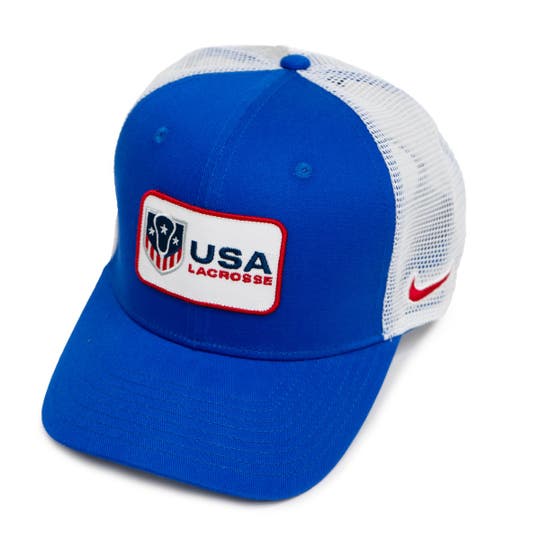 Royal Blue hat with white mesh in back. Patched logo saying USA Lacrosse. Red Nike check mark on side