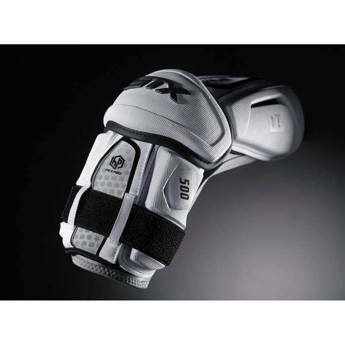 STX Stallion 500 Lacrosse Arm Guards product spotlight in white